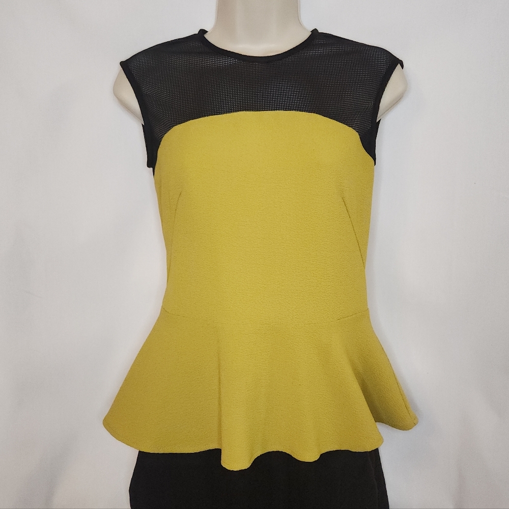 H&M Black and Yellow Peplum Blouse | Size 6 | Colorblock | Fishnet Statement